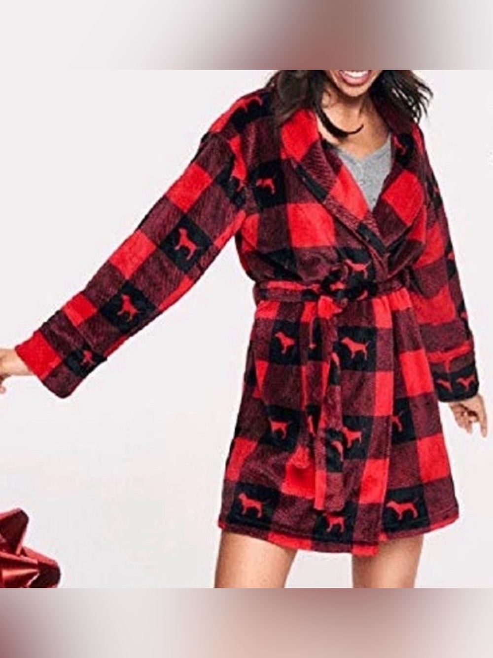 PINK Victoria's Secret Red and Black Plaid Plush Robe with Dog Logo